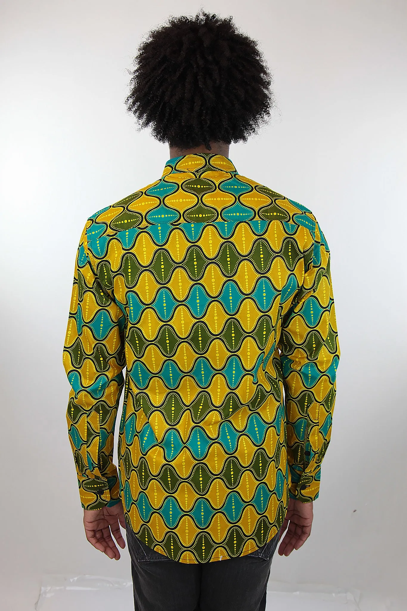 African Print Mens Shirt Button-Up Yellow Green and Blue Shirt
