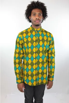 African Print Mens Shirt Button-Up Yellow Green and Blue Shirt