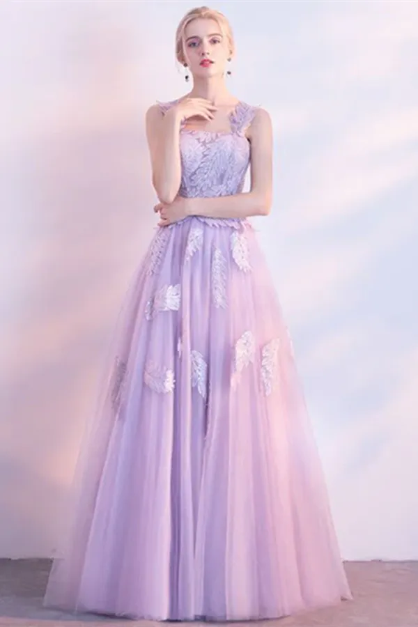 Anneprom Chic Lilac Prom Dress A line Applique Modest Long Prom Dress Evening Dress APP0649
