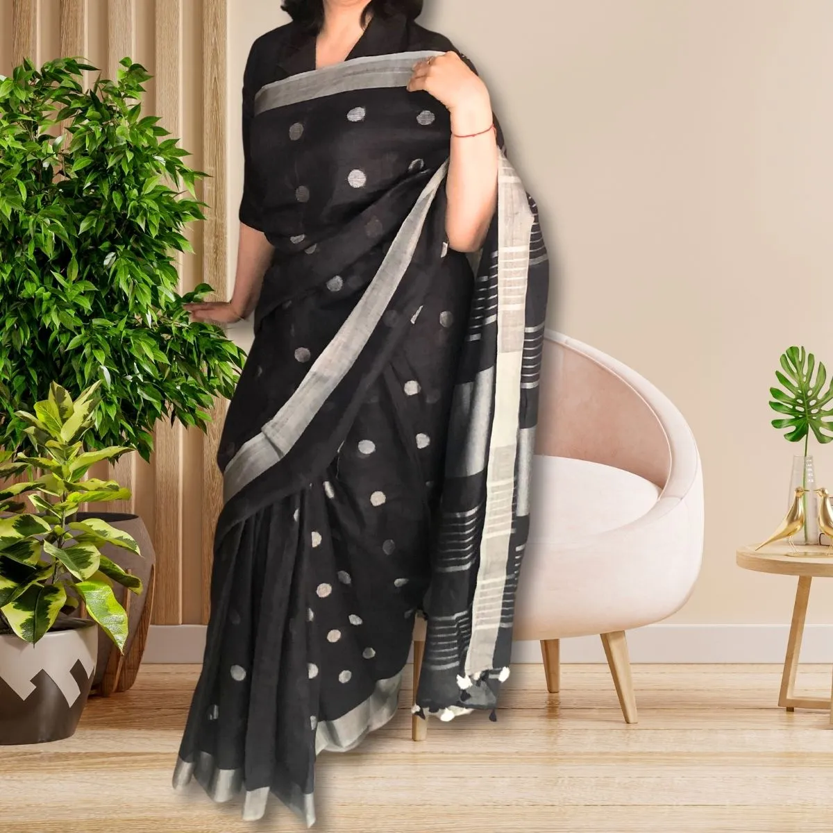 Black Linen Saree With Silver Zari Border  | Tasselled Fringes | Elegant | Graceful