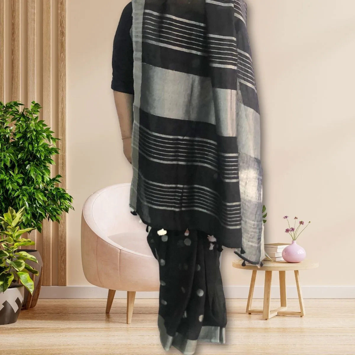 Black Linen Saree With Silver Zari Border  | Tasselled Fringes | Elegant | Graceful
