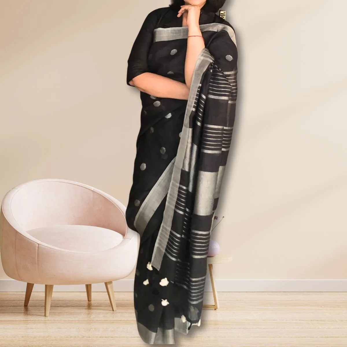 Black Linen Saree With Silver Zari Border  | Tasselled Fringes | Elegant | Graceful