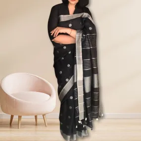 Black Linen Saree With Silver Zari Border  | Tasselled Fringes | Elegant | Graceful