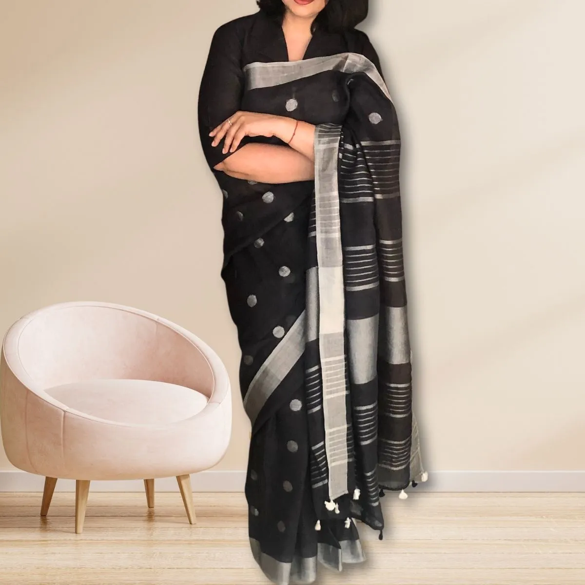 Black Linen Saree With Silver Zari Border  | Tasselled Fringes | Elegant | Graceful