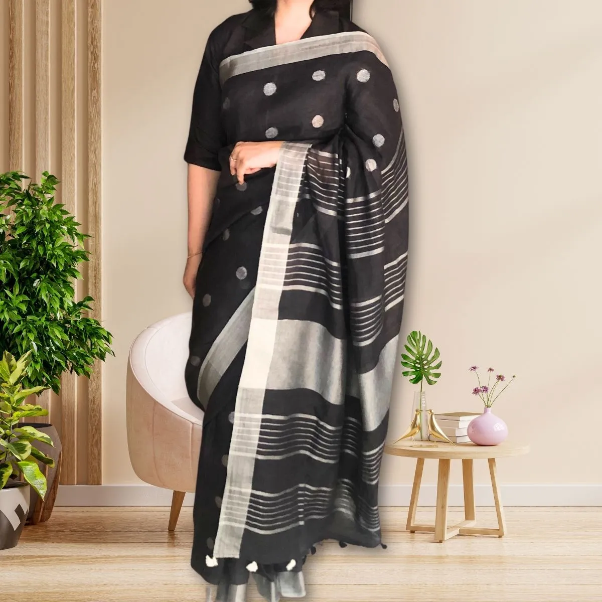 Black Linen Saree With Silver Zari Border  | Tasselled Fringes | Elegant | Graceful