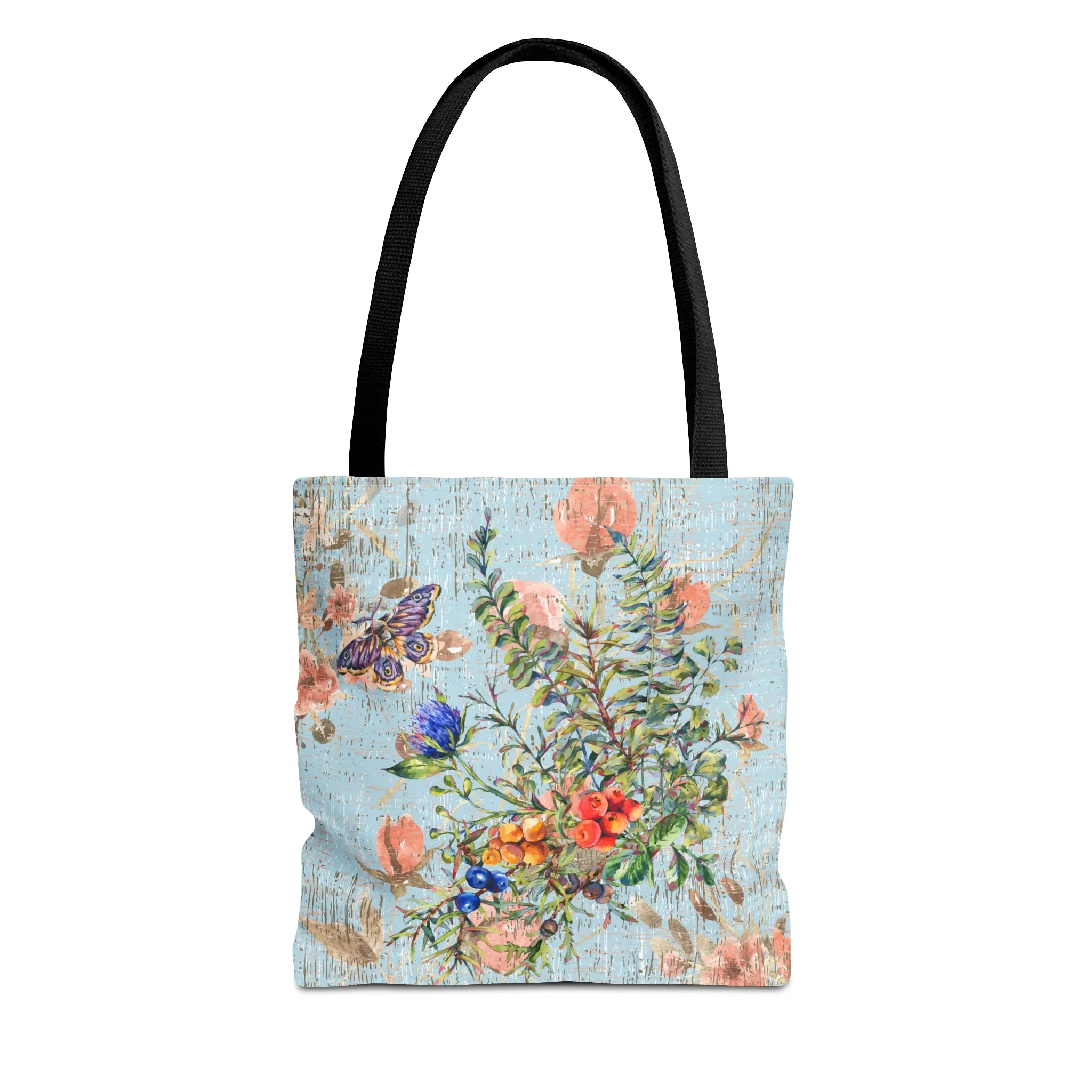 Butterfly Blooms: Women's Small Tote Bag with Spring Bouquet on Robin's Egg Blue