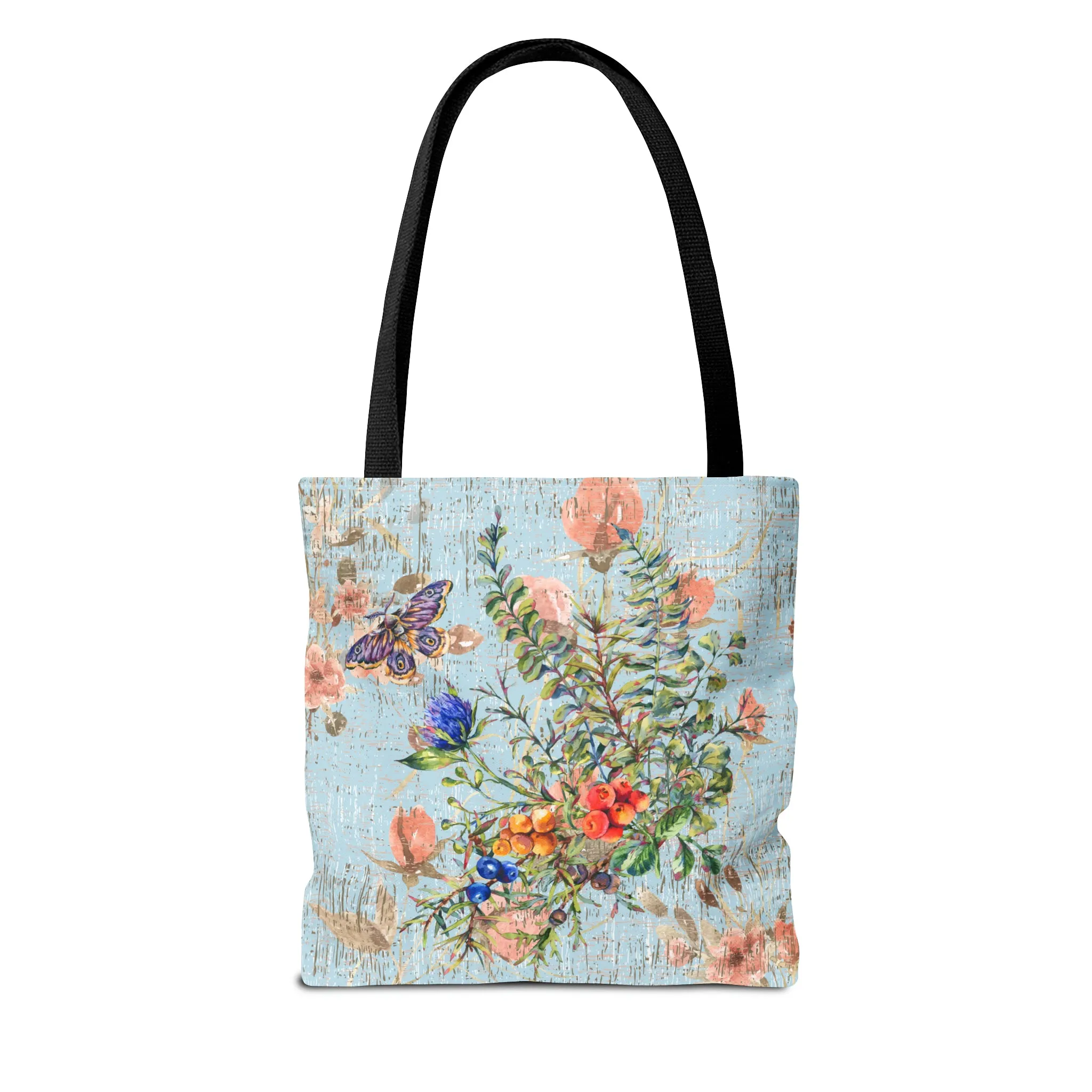 Butterfly Blooms: Women's Small Tote Bag with Spring Bouquet on Robin's Egg Blue