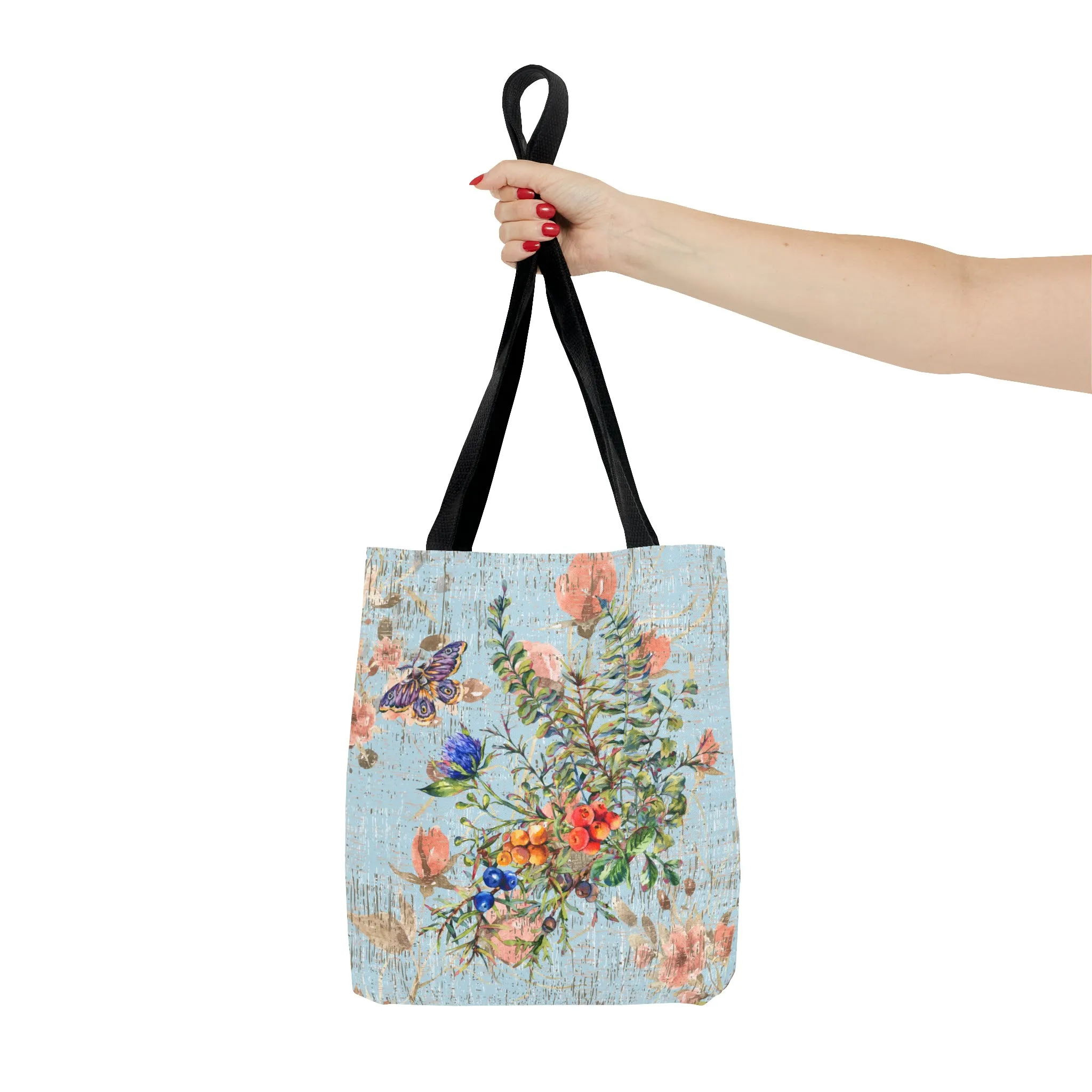 Butterfly Blooms: Women's Small Tote Bag with Spring Bouquet on Robin's Egg Blue