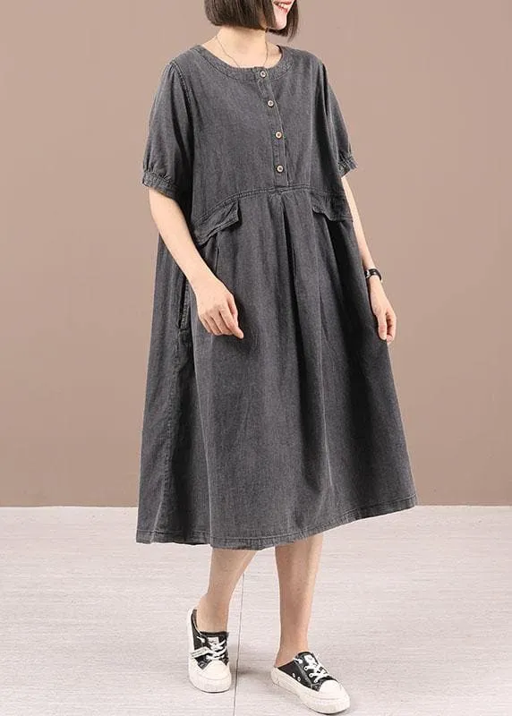 Chic Blue Button Cinched Denim Summer Dresses