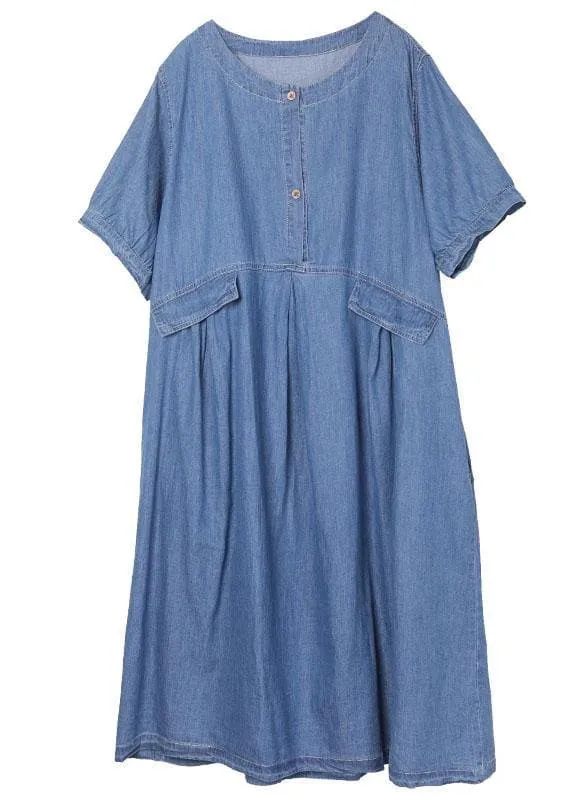 Chic Blue Button Cinched Denim Summer Dresses