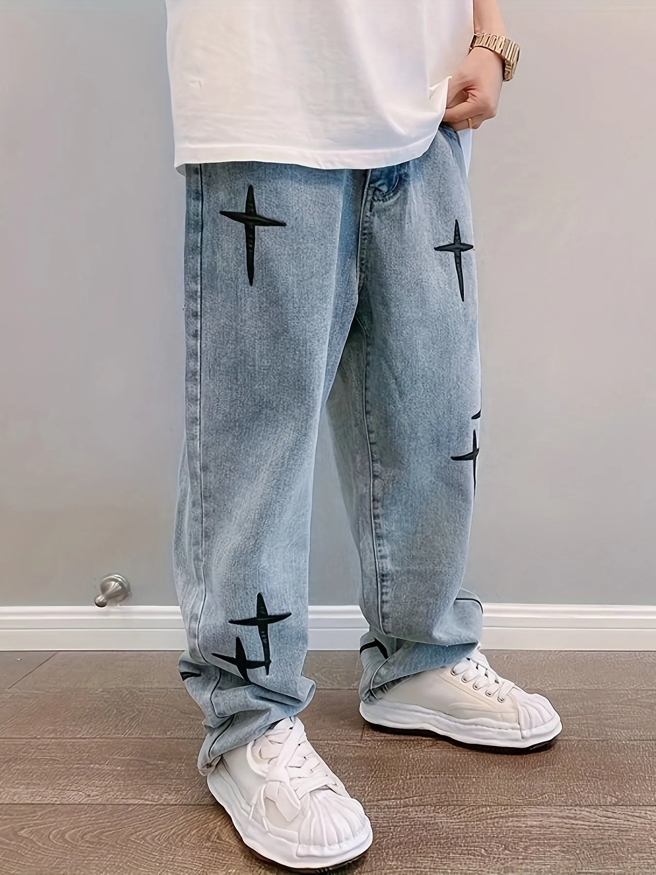 Cross-Pattern Relaxed Denim Pants