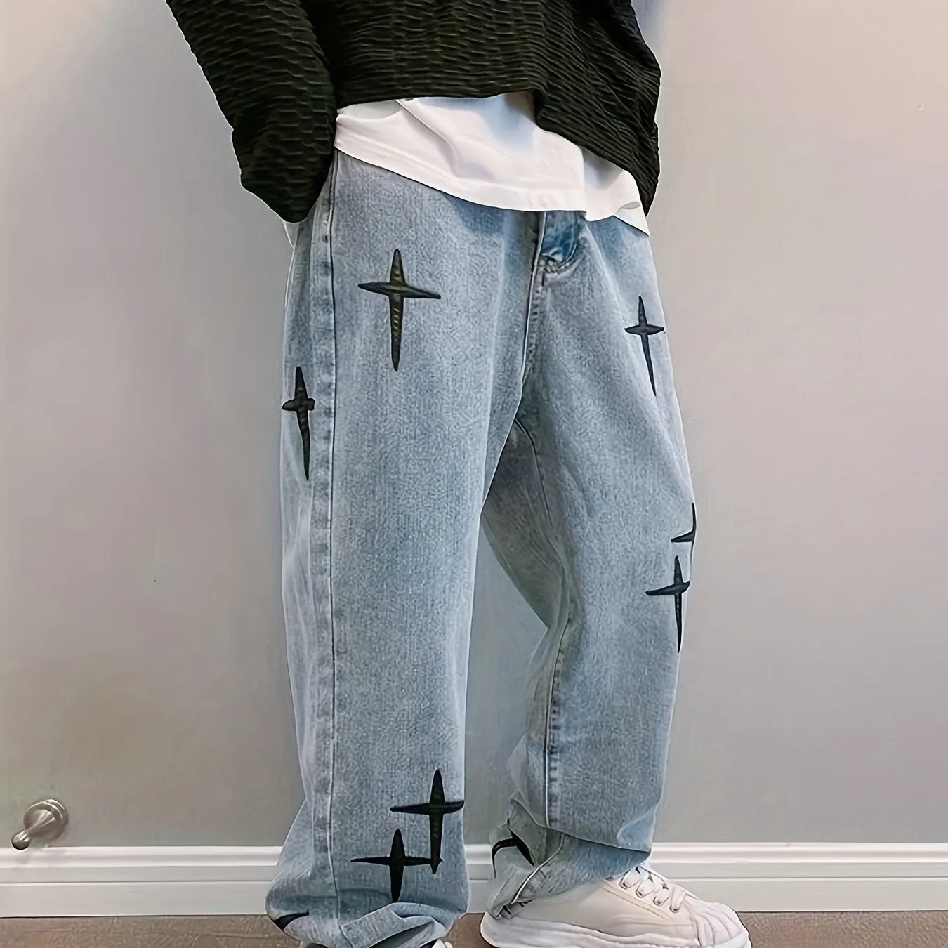 Cross-Pattern Relaxed Denim Pants