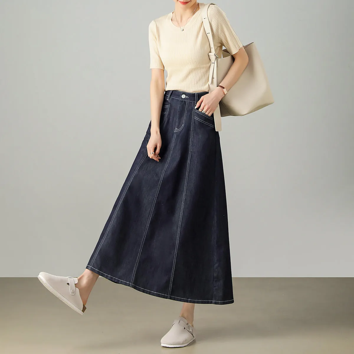 Customized new spring fashion A-shaped skirt high waist and thin versatile temperament hip covering medium and long denim skirt