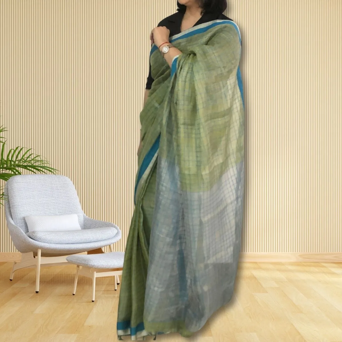 Fern Green Chequered Tissue Linen Saree | Soothing Colours | Elegant | Festive