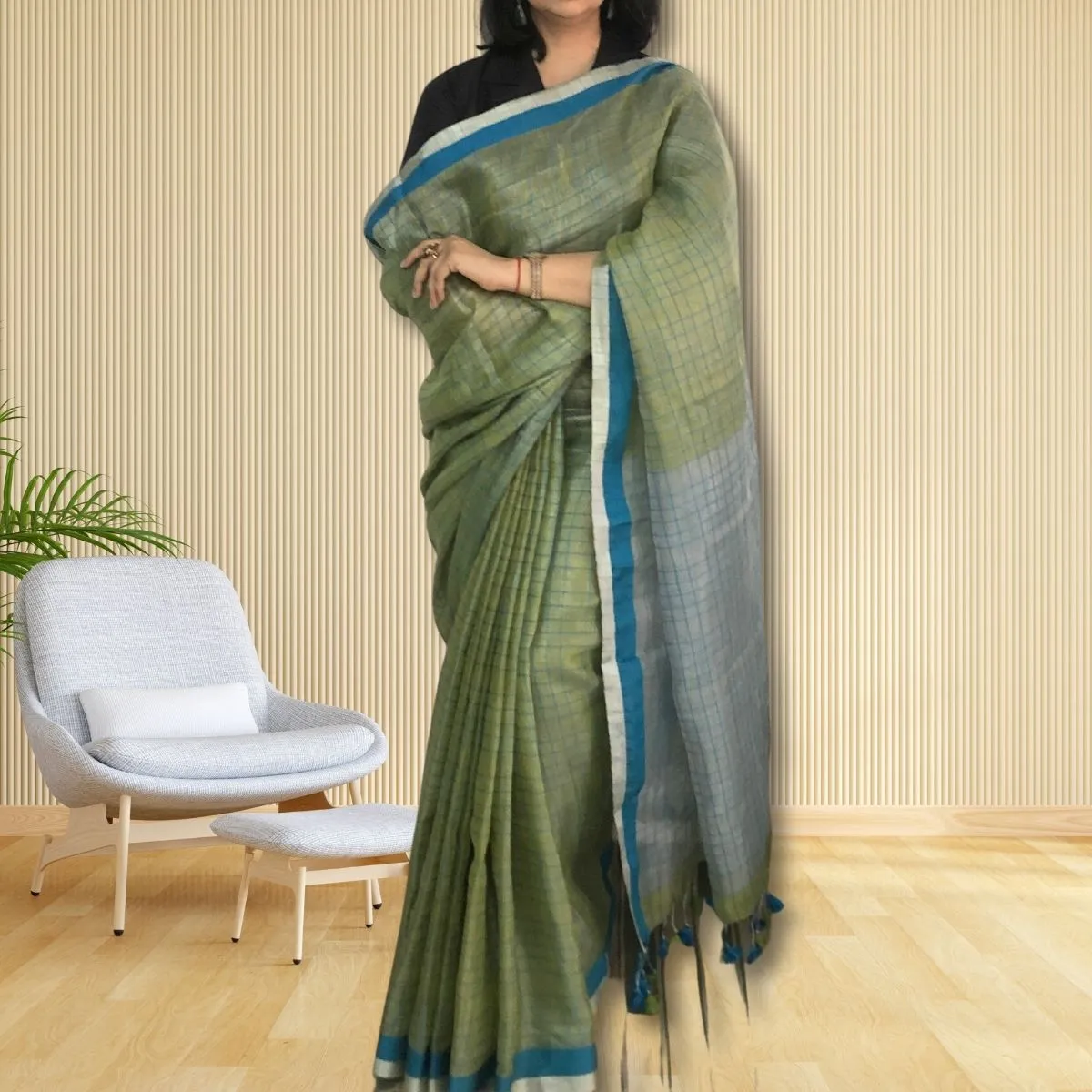 Fern Green Chequered Tissue Linen Saree | Soothing Colours | Elegant | Festive