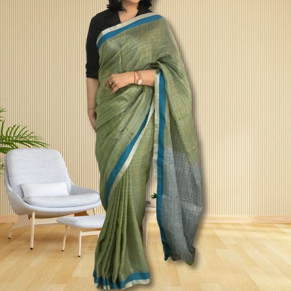Fern Green Chequered Tissue Linen Saree | Soothing Colours | Elegant | Festive