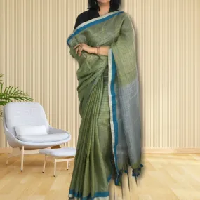 Fern Green Chequered Tissue Linen Saree | Soothing Colours | Elegant | Festive
