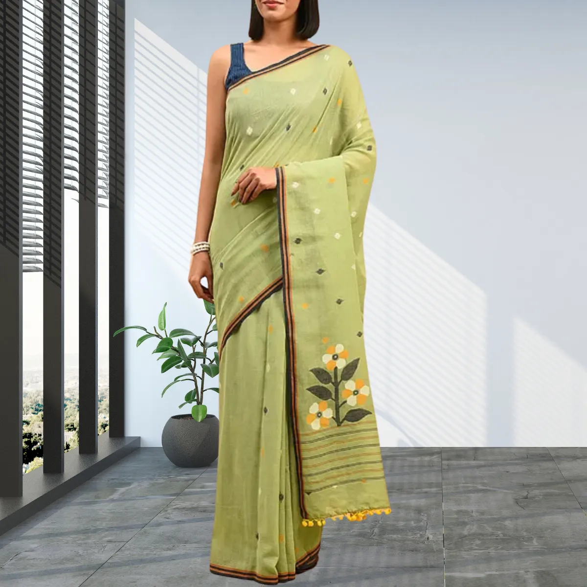 Fern Green Jamdani Cotton Mul Mul Saree | Subtle | Light Weight | Super Soft | Elegant