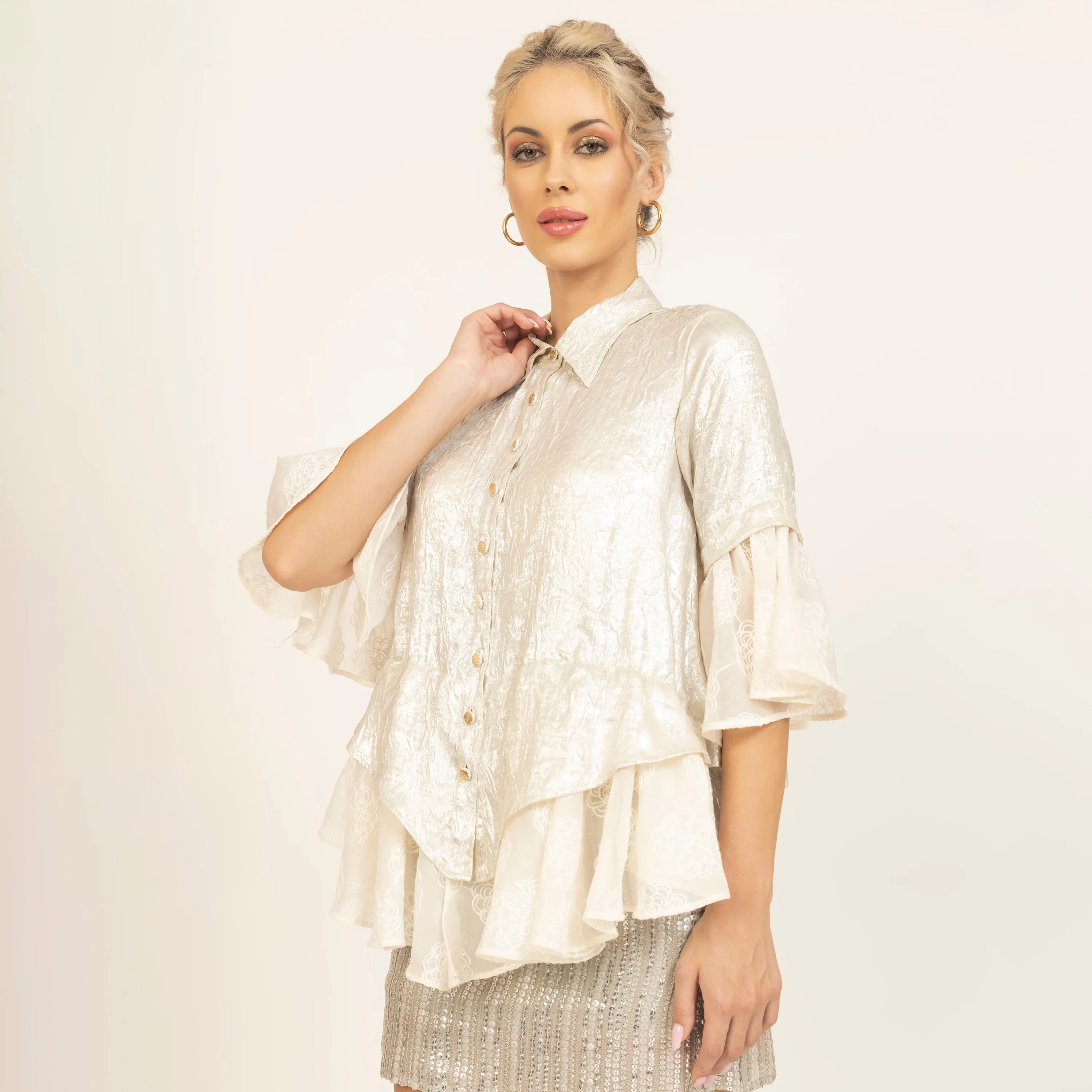 Golden Top With Foil Print and Silk Embroidery