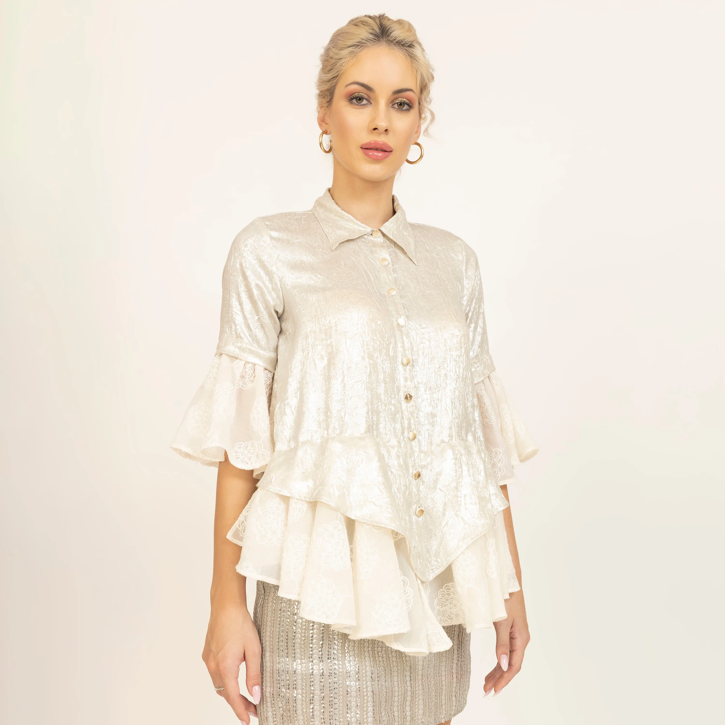 Golden Top With Foil Print and Silk Embroidery