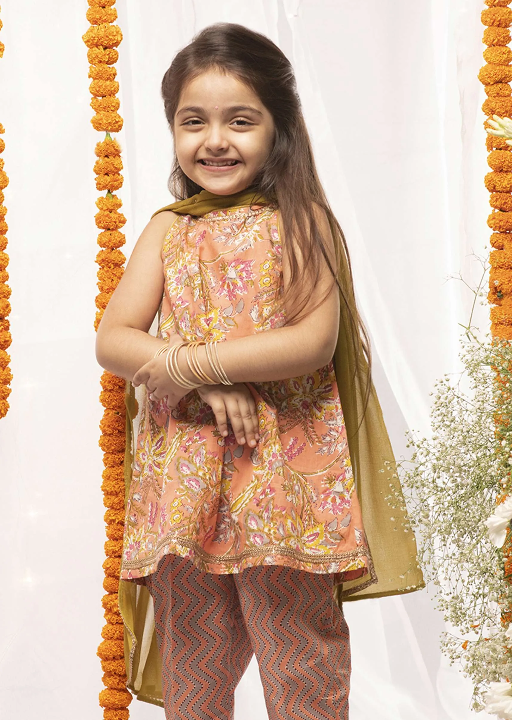 Kalki Girls Peach Suit Set In Cotton With Floral Print By Tiber Taber