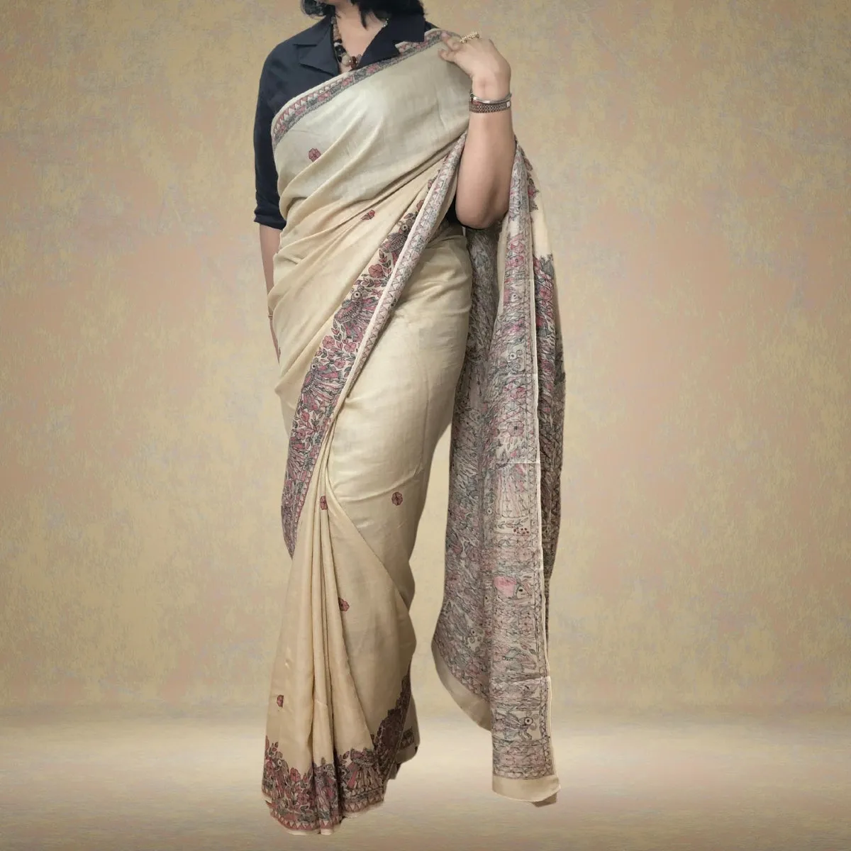 Madhubani Painted Ivory Tussar Munga Silk Saree | Elegant | Serene | Artistic