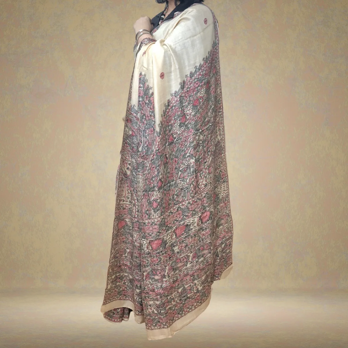 Madhubani Painted Ivory Tussar Munga Silk Saree | Elegant | Serene | Artistic