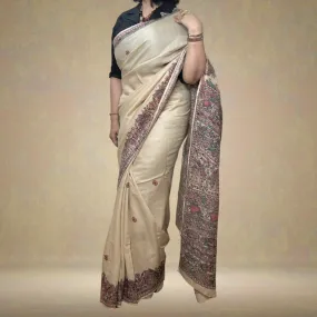 Madhubani Painted Ivory Tussar Munga Silk Saree | Elegant | Serene | Artistic