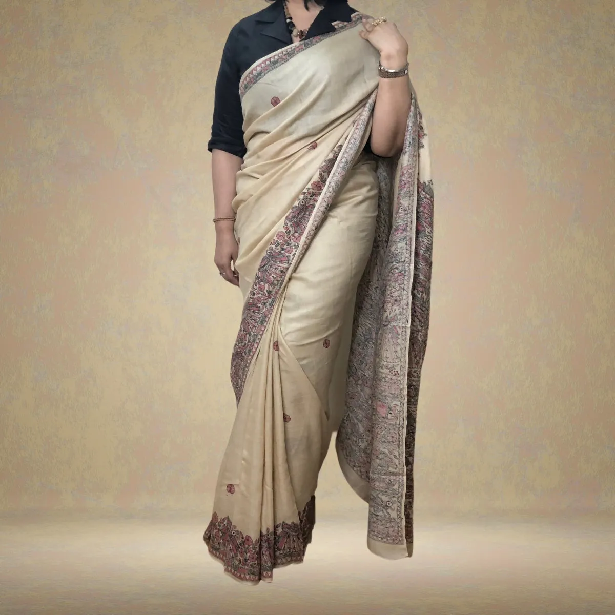 Madhubani Painted Ivory Tussar Munga Silk Saree | Elegant | Serene | Artistic