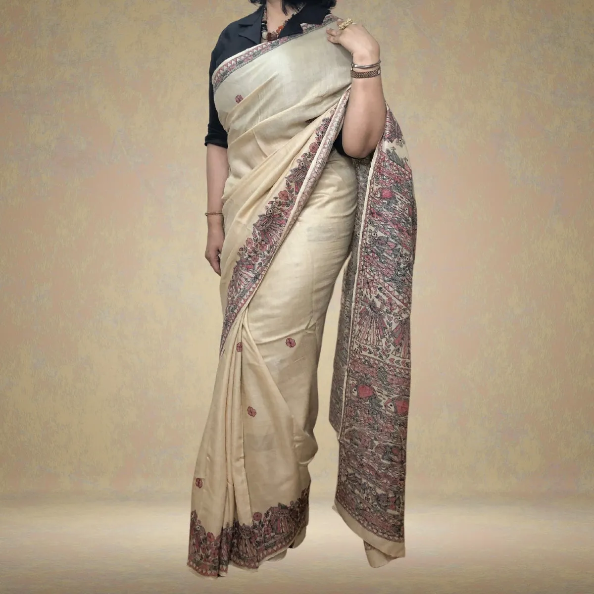 Madhubani Painted Ivory Tussar Munga Silk Saree | Elegant | Serene | Artistic