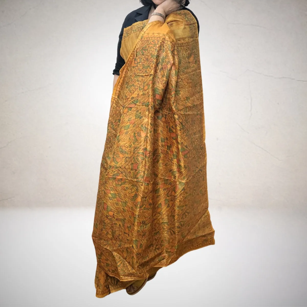 Madhubani Painted Mustard Yellow Saree | Tussar Ghicha Silk | Elegant | Artistic