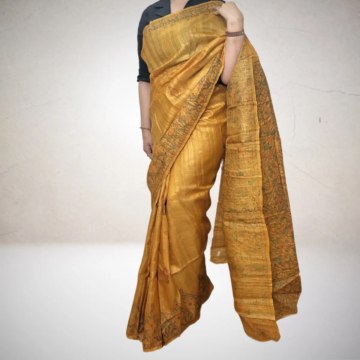 Madhubani Painted Mustard Yellow Saree | Tussar Ghicha Silk | Elegant | Artistic