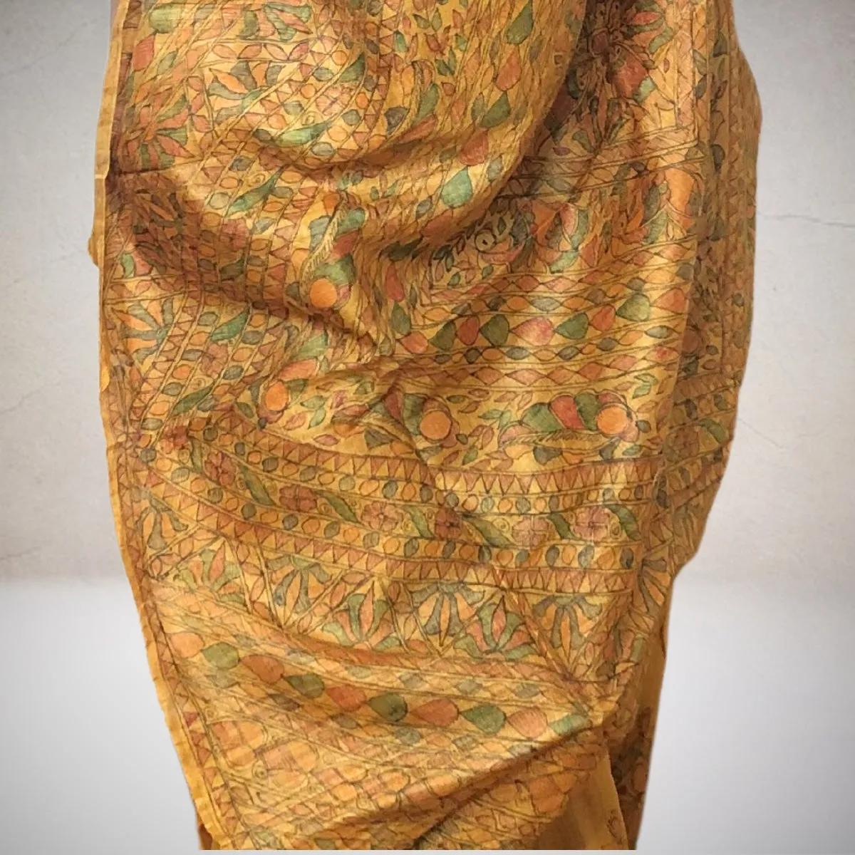 Madhubani Painted Mustard Yellow Saree | Tussar Ghicha Silk | Elegant | Artistic