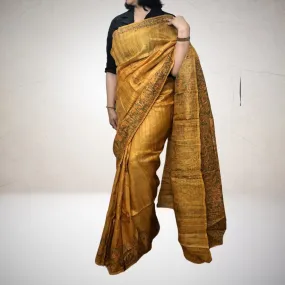 Madhubani Painted Mustard Yellow Saree | Tussar Ghicha Silk | Elegant | Artistic