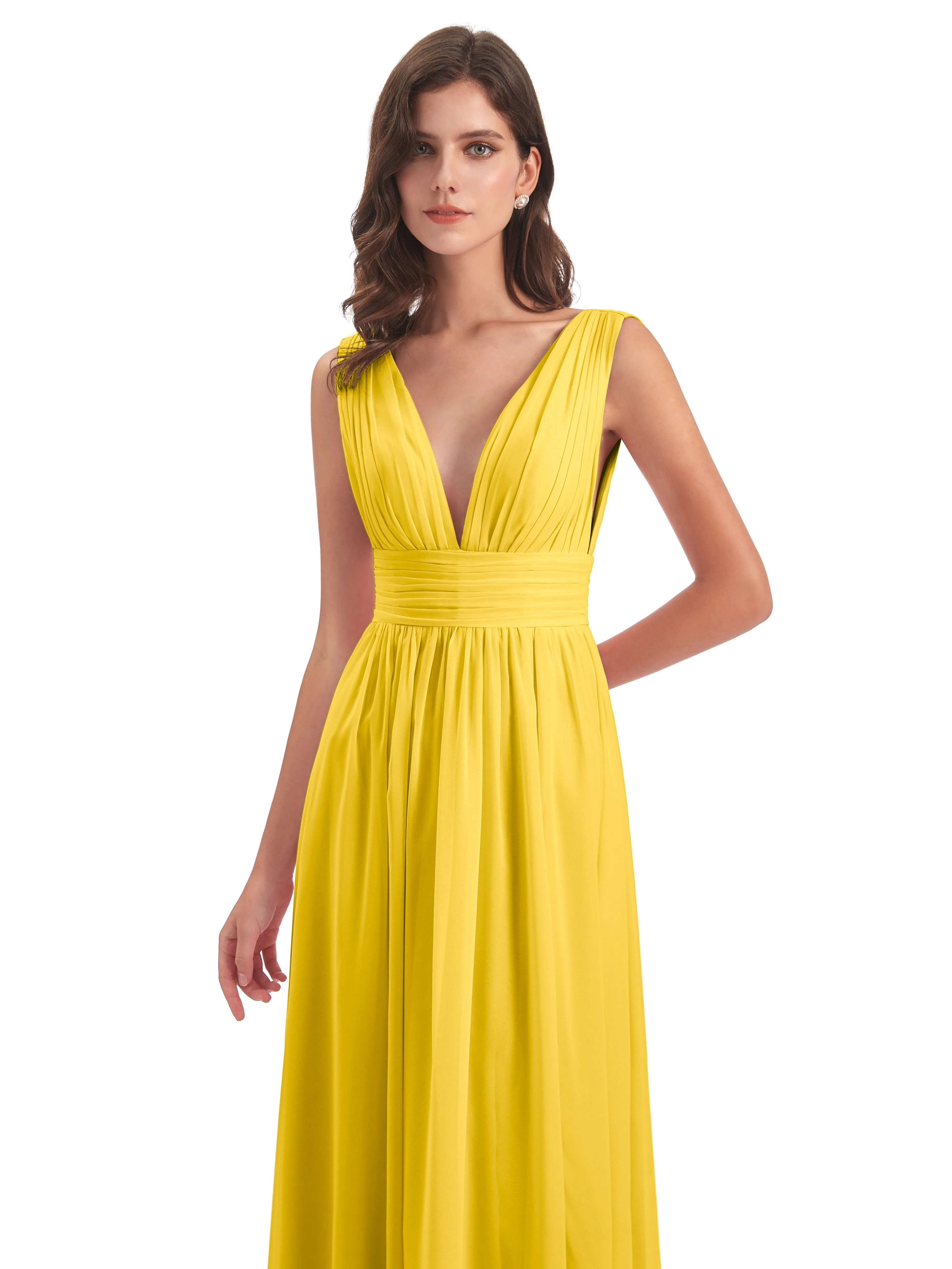Marigold Bridesmaid Charming Chiffon V Neck Split Long Bridesmaid Dresses
