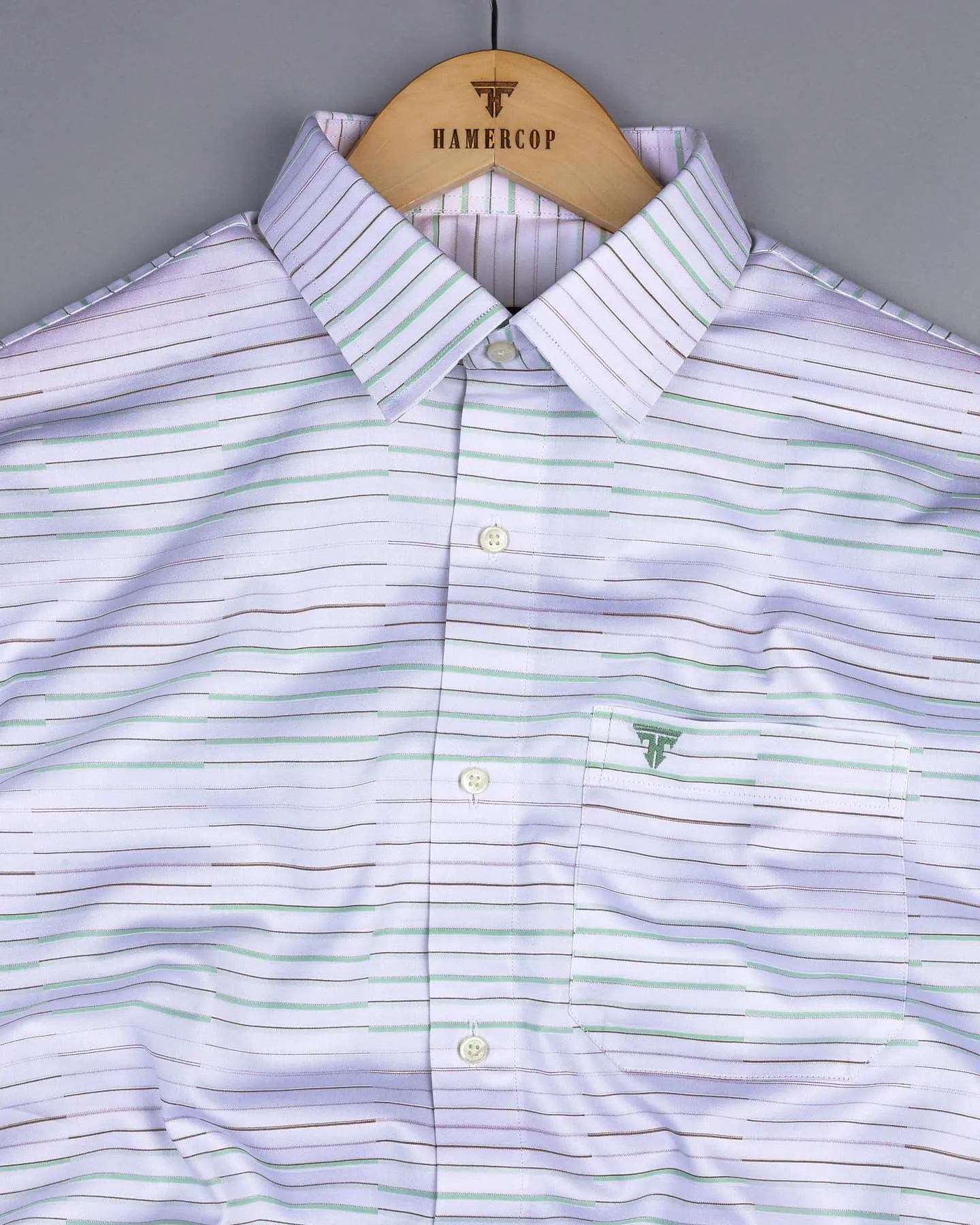 Marvel Cream With Green Weft Stripe White Cotton Shirt