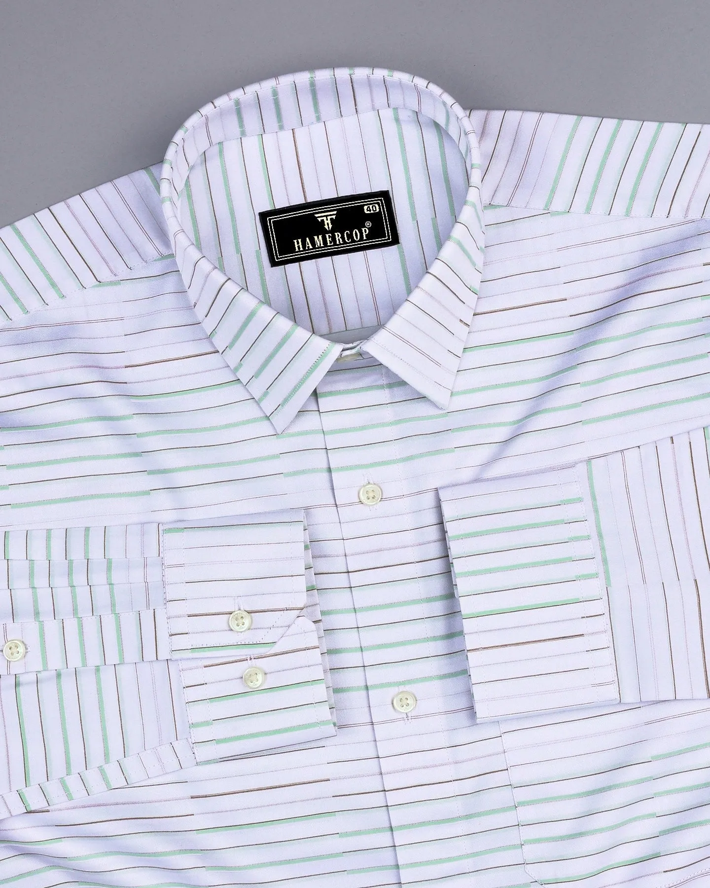 Marvel Cream With Green Weft Stripe White Cotton Shirt