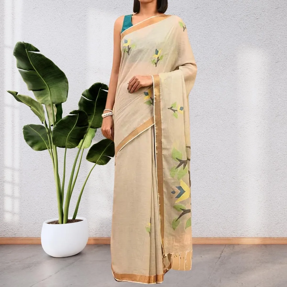 Nude Beige Hand Crafted Cotton Mul Mul Saree | Jamdani Floral Motif | Elegant