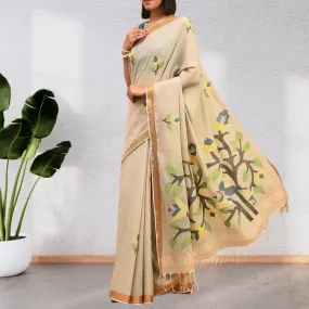 Nude Beige Hand Crafted Cotton Mul Mul Saree | Jamdani Floral Motif | Elegant