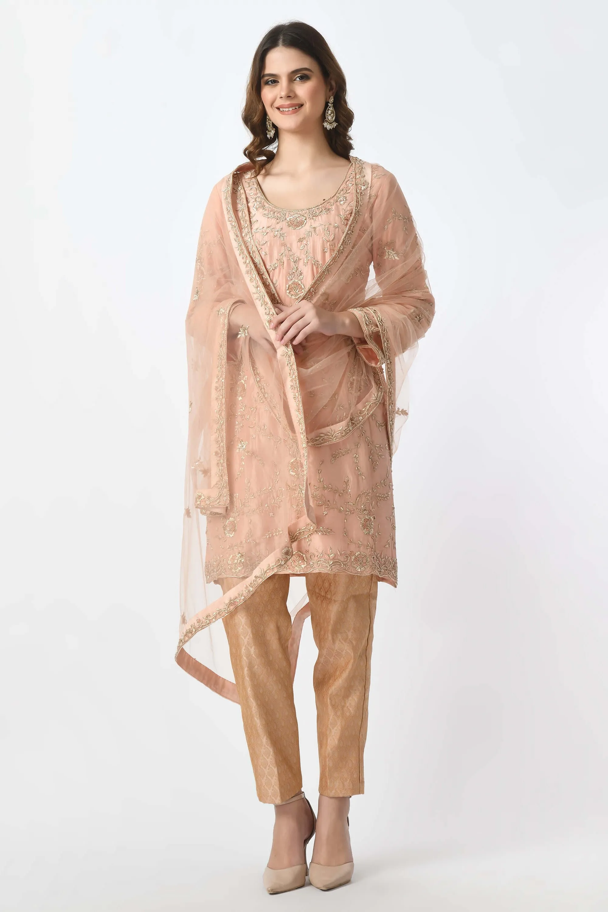 Peach Pink  Kameez Trouser Dupatta