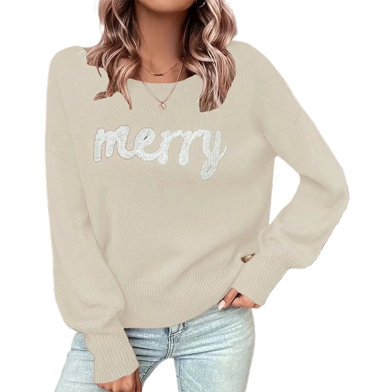 Toleet-Christmas Cute Sweaters Women Casual Letter Embroidery Comfy Warm Long Sleeve Pullover Basic Knitwear Festival Rave Streetwear
