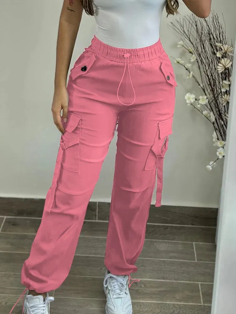 UAKISS  -  Women's Cargo Pants 2024 Spring Fashion Street Pocket Design Drawstring Cuffed Pants Ladies Daily Casual Plain Long Trousers