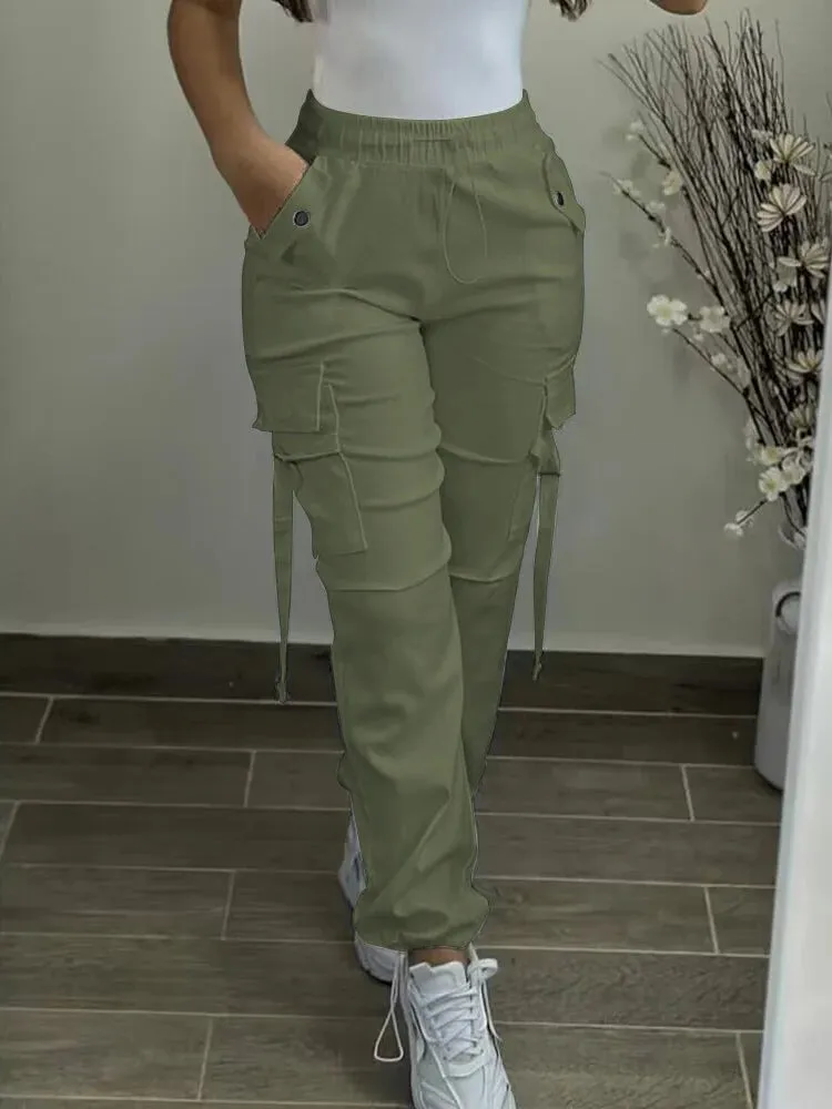 UAKISS  -  Women's Cargo Pants 2024 Spring Fashion Street Pocket Design Drawstring Cuffed Pants Ladies Daily Casual Plain Long Trousers