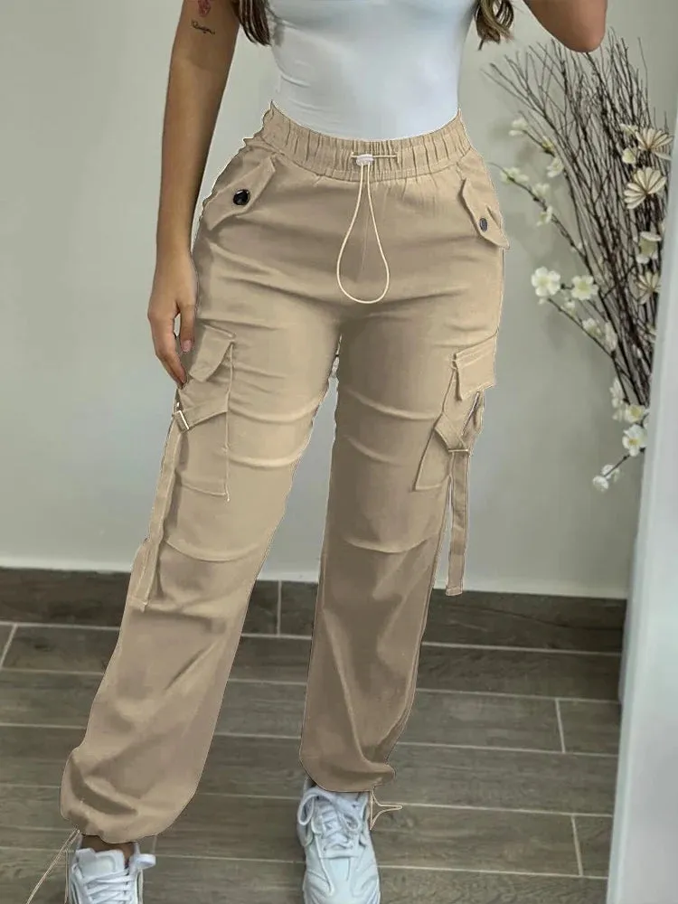UAKISS  -  Women's Cargo Pants 2024 Spring Fashion Street Pocket Design Drawstring Cuffed Pants Ladies Daily Casual Plain Long Trousers