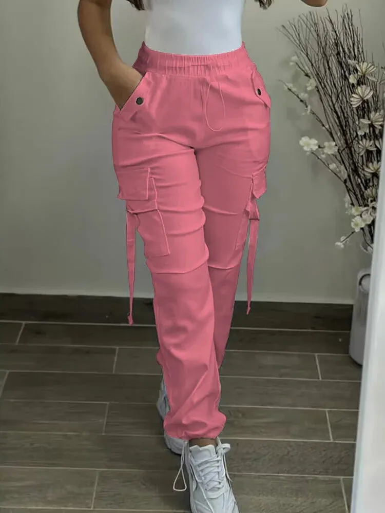 UAKISS  -  Women's Cargo Pants 2024 Spring Fashion Street Pocket Design Drawstring Cuffed Pants Ladies Daily Casual Plain Long Trousers