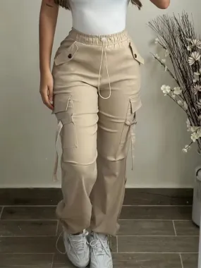 UAKISS  -  Women's Cargo Pants 2024 Spring Fashion Street Pocket Design Drawstring Cuffed Pants Ladies Daily Casual Plain Long Trousers