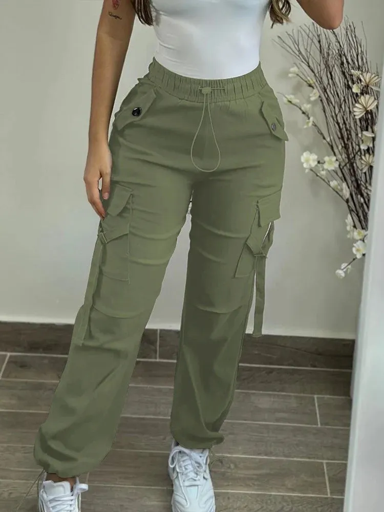 UAKISS  -  Women's Cargo Pants 2024 Spring Fashion Street Pocket Design Drawstring Cuffed Pants Ladies Daily Casual Plain Long Trousers